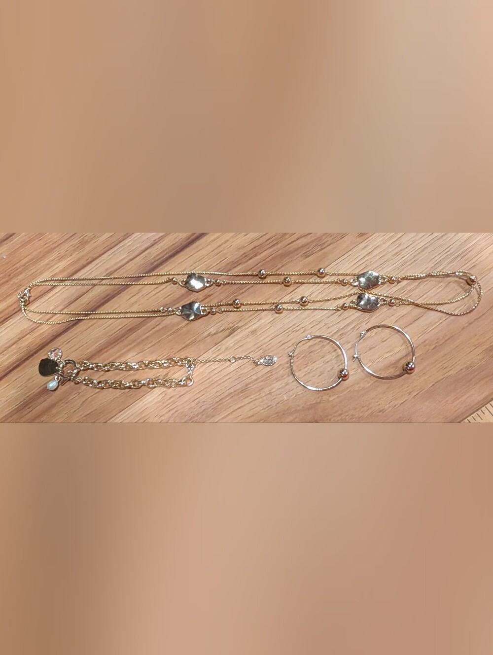 Goldtone Beaded Layered Necklace Bracelet And Earrings Set